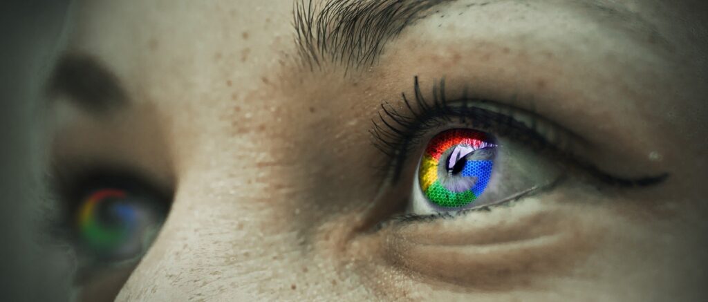 a woman's eyes colored in the google logo
