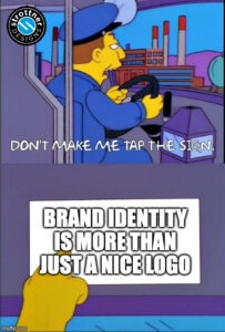 a cartoon bus driver tapping a sign stating that brand identity is more than just a nice logo