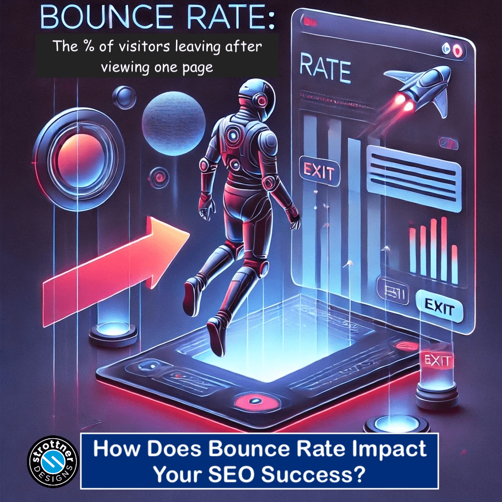 A futuristic digital artwork illustrating the concept of bounce rate in website analytics. A humanoid robot is stepping off a giant smartphone screen toward a large, glowing "EXIT" sign on a virtual dashboard labeled "RATE." A rocket ship icon and various data charts are also visible on the dashboard. Text at the top reads: "BOUNCE RATE: The % of visitors leaving after viewing one page." At the bottom, a blue banner asks: "How Does Bounce Rate Impact Your SEO Success?" The design features neon lighting and a sci-fi aesthetic, with a logo in the corner reading "Strottner Designs."