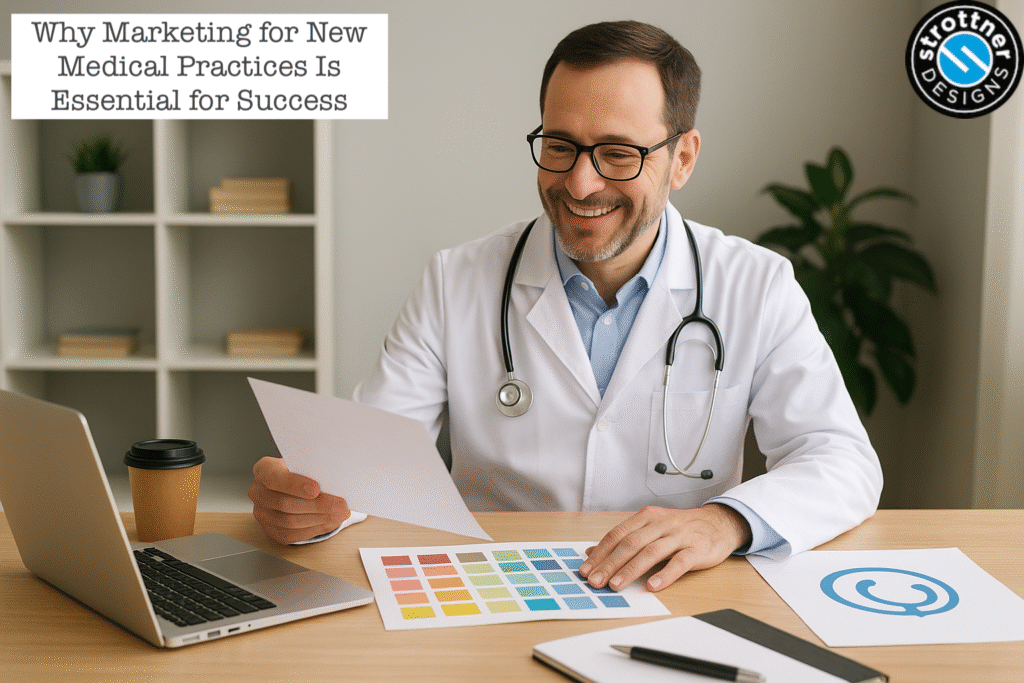 A smiling male doctor wearing glasses and a white lab coat with a stethoscope around his neck sits at a desk. He is holding a sheet of paper in one hand and pointing to a color chart on the table with the other. On the desk are a laptop, a paper coffee cup, a notebook, and marketing design sheets, including a logo with a phone symbol. In the background, there are shelves with books and a potted plant. Text in the upper left corner reads, "Why Marketing for New Medical Practices Is Essential for Success," and a circular logo in the top right corner says "Strottner Designs."