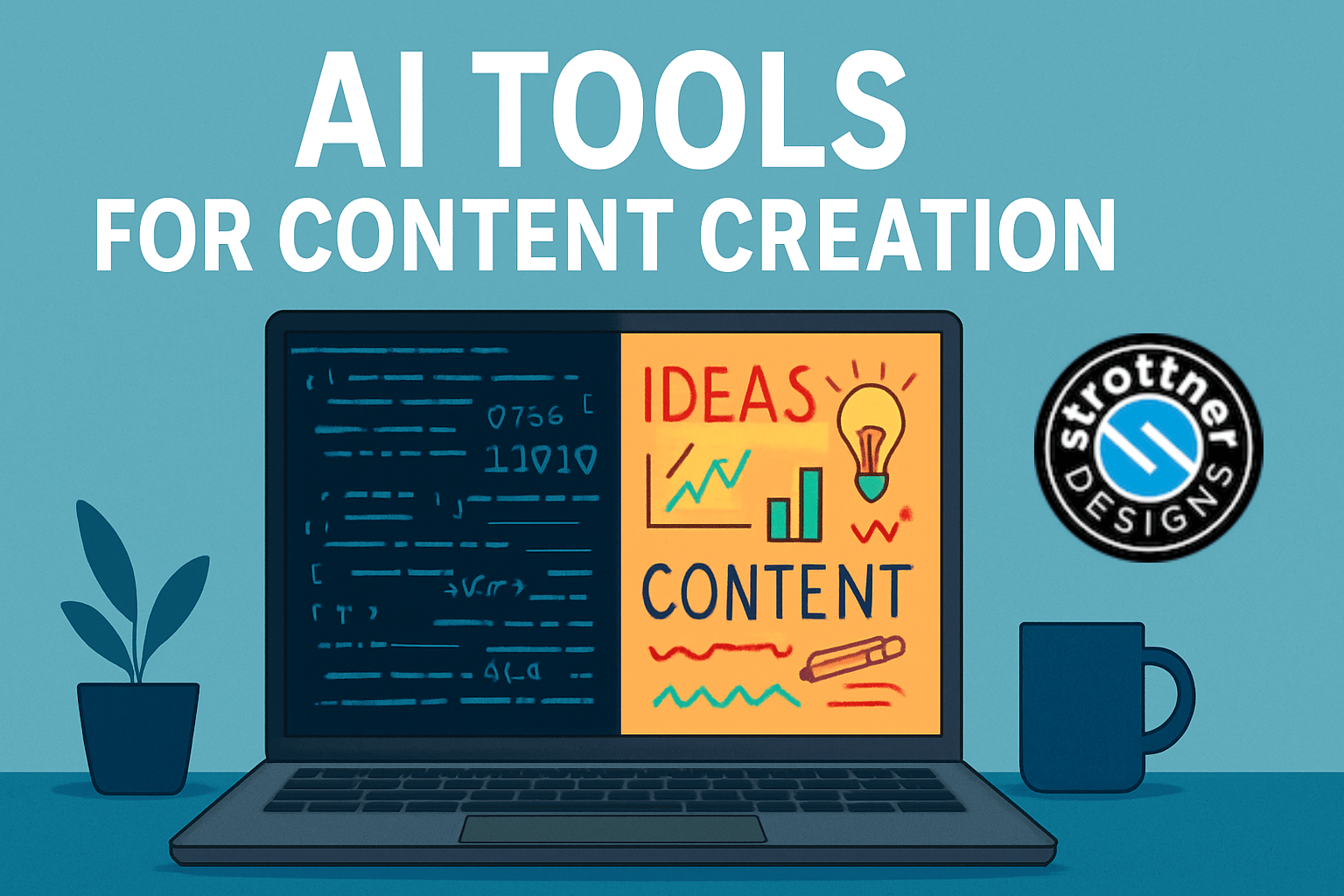 Illustration of a laptop on a desk with a plant on the left and a coffee mug on the right. The laptop screen is split in two: the left side shows blue computer code, and the right side shows colorful sketches with the words "IDEAS" and "CONTENT," along with a light bulb, bar graphs, and doodles. Above the laptop, large text reads "AI TOOLS FOR CONTENT CREATION." A circular logo with the words "strottner DESIGNS" is placed to the right of the laptop.