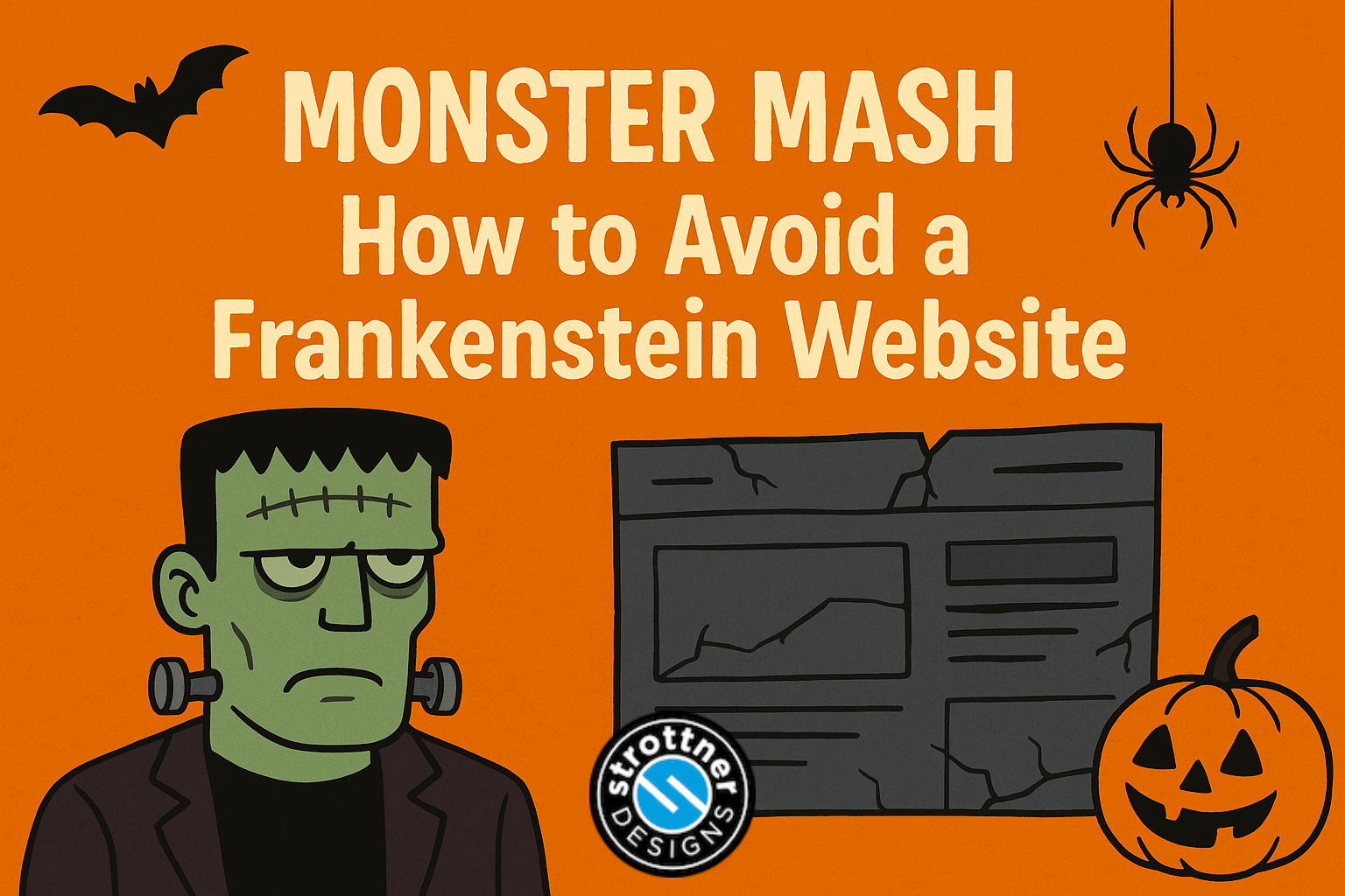 A Halloween-themed graphic with an orange background featuring a cartoon Frankenstein monster with green skin and bolts on his neck, wearing a dark suit. The monster stands next to a cracked, poorly designed website interface. Above, the text reads "MONSTER MASH How to Avoid a Frankenstein Website" in bold, playful letters. Decorative elements include a bat, a spider on a web, and a carved pumpkin with a smiling face. A logo reading "Strottner DESIGNS" is placed near the website image.
