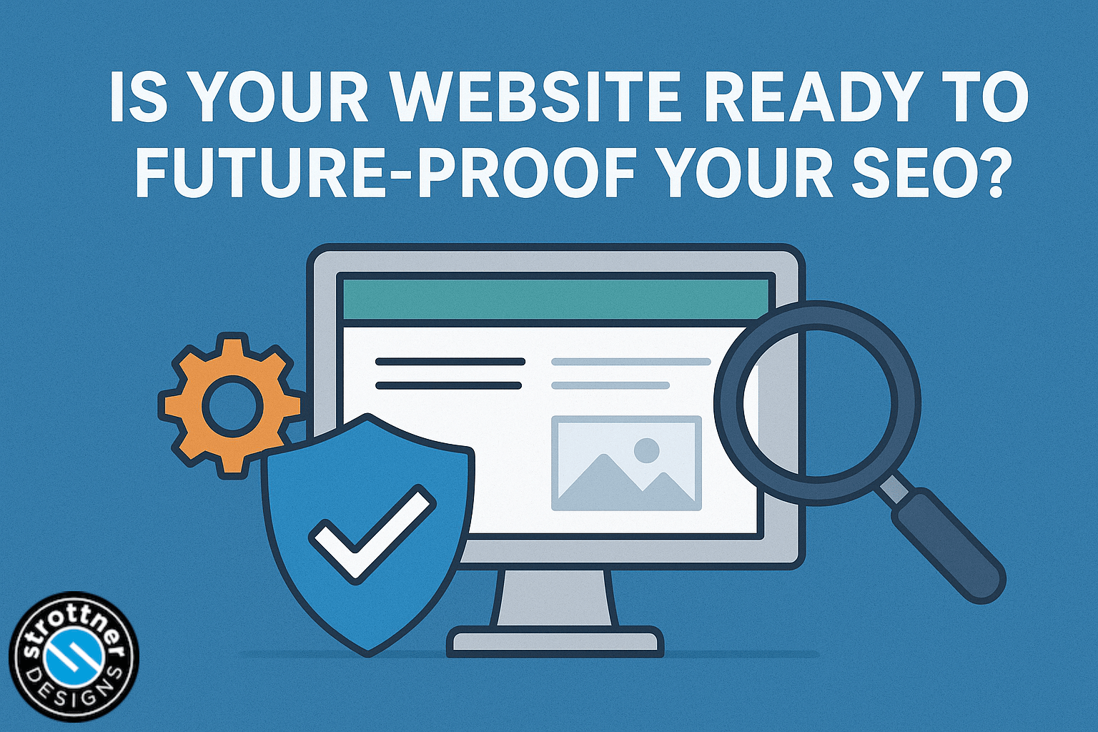 Illustration of a computer monitor displaying a website, with a magnifying glass, a gear, and a shield with a check mark in front. Text above reads 'Is your website ready to future-proof your SEO?' Logo in the bottom left corner says 'Strottner Designs.'