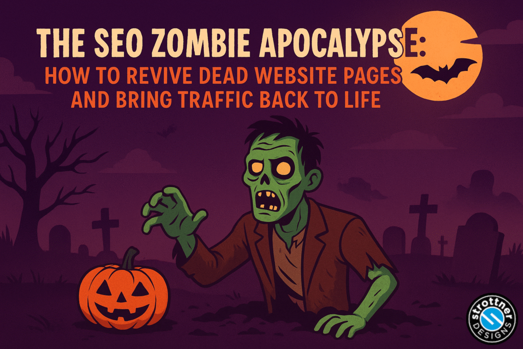 Illustration of a green zombie crawling out of the ground in a graveyard at night, reaching toward a glowing orange jack-o’-lantern. The background is dark purple with tombstones, a leafless tree, and a large orange moon with a bat flying across it. Text at the top reads: “The SEO Zombie Apocalypse: How to Revive Dead Website Pages and Bring Traffic Back to Life.” The bottom right corner includes a circular logo labeled “Strottner Designs.”