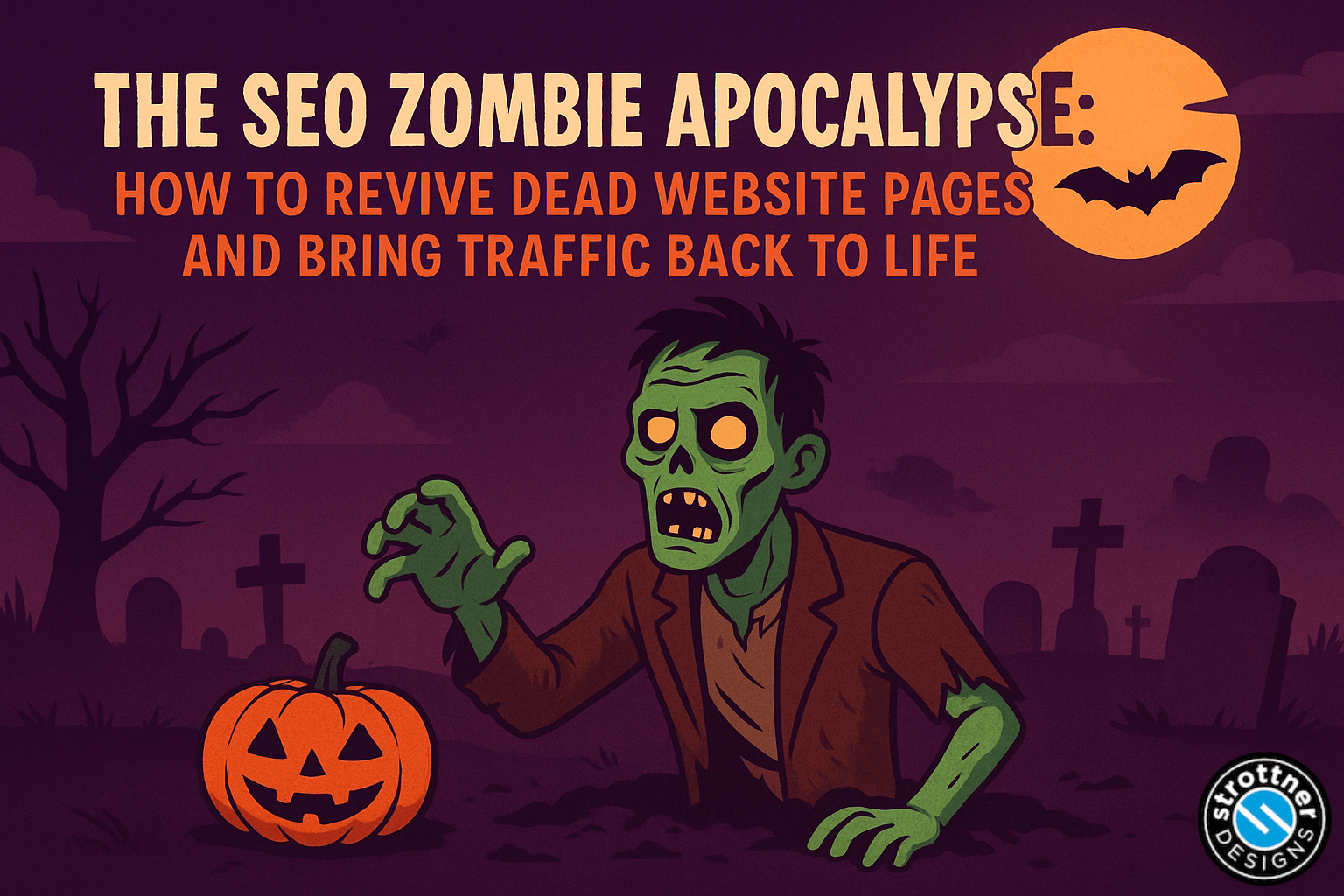 Illustration of a green zombie crawling out of the ground in a graveyard at night, reaching toward a glowing orange jack-o’-lantern. The background is dark purple with tombstones, a leafless tree, and a large orange moon with a bat flying across it. Text at the top reads: “The SEO Zombie Apocalypse: How to Revive Dead Website Pages and Bring Traffic Back to Life.” The bottom right corner includes a circular logo labeled “Strottner Designs.”