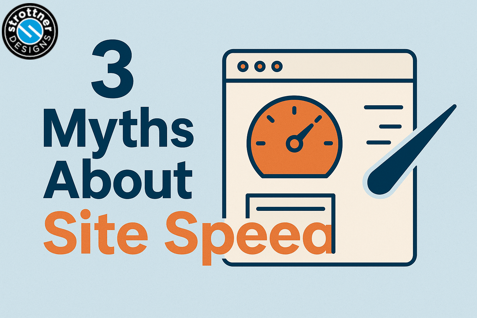 Graphic with the title ‘3 Myths About Site Speed.’ The word ‘Speed’ is misspelled as ‘Speea.’ On the right side, there is an illustration of a web browser window with a speedometer icon showing a needle pointing upward. The design uses dark blue, orange, and beige colors. The Strottner Designs logo appears in the top left corner.