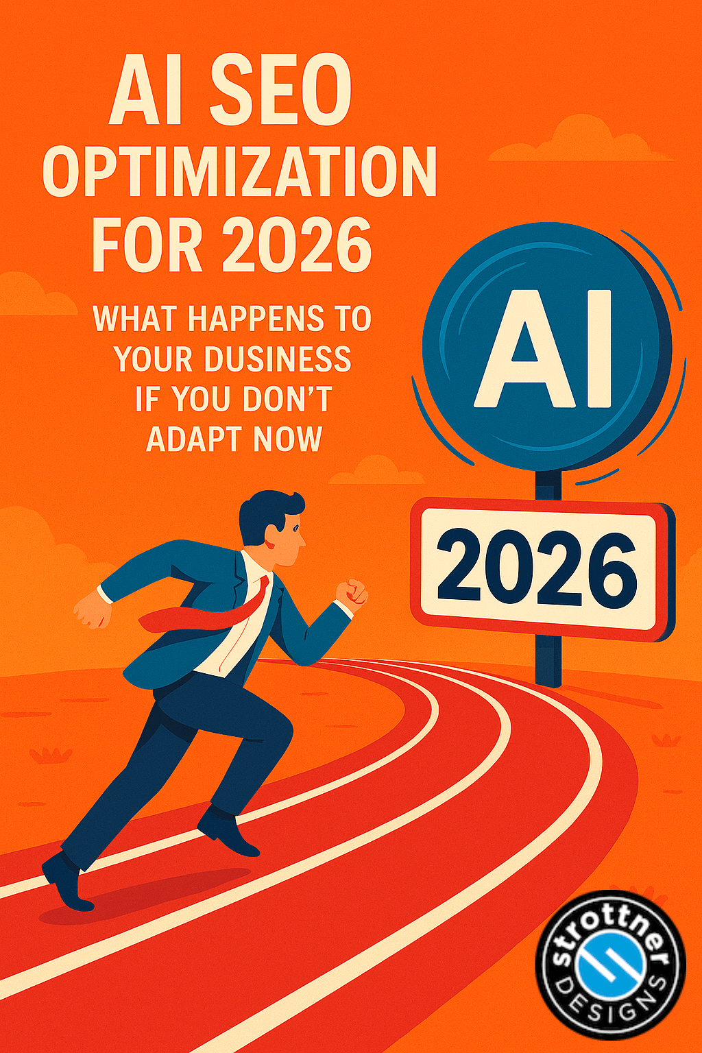 Illustrated poster with an orange background showing a business person in a blue suit running on a curved red track toward a road sign that reads ‘2026.’ A large blue circular sign with the letters ‘AI’ appears above the track. The headline text reads: ‘AI SEO Optimization for 2026 – What happens to your business if you don’t adapt now.’ Logo in bottom right corner reads ‘Strottner Designs.’