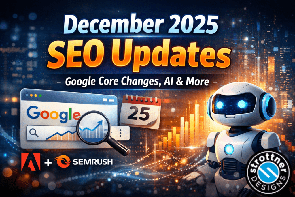 Promotional graphic titled “December 2025 SEO Updates – Google Core Changes, AI & More.” The design shows a nighttime city skyline with glowing data lines and rising bar charts. On the left is a Google search window with a magnifying glass over an upward-trending graph and a calendar page showing the number 25. On the right is a friendly, futuristic robot with blue glowing eyes. Logos for Adobe and SEMrush appear at the bottom, along with a “Strother Designs” badge.