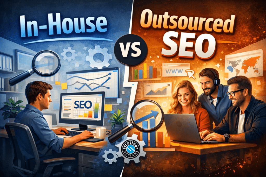 Split-screen illustration comparing in-house SEO versus outsourced SEO. On the left, a single professional works at a desk with a desktop monitor showing SEO charts and graphs, surrounded by gears and a magnifying glass, under the text “In-House” on a blue background. On the right, a small team collaborates around a laptop with rising analytics charts, magnifying glass, and web icons, under the text “Outsourced SEO” on an orange background. A bold “VS” appears in the center dividing the two approaches.