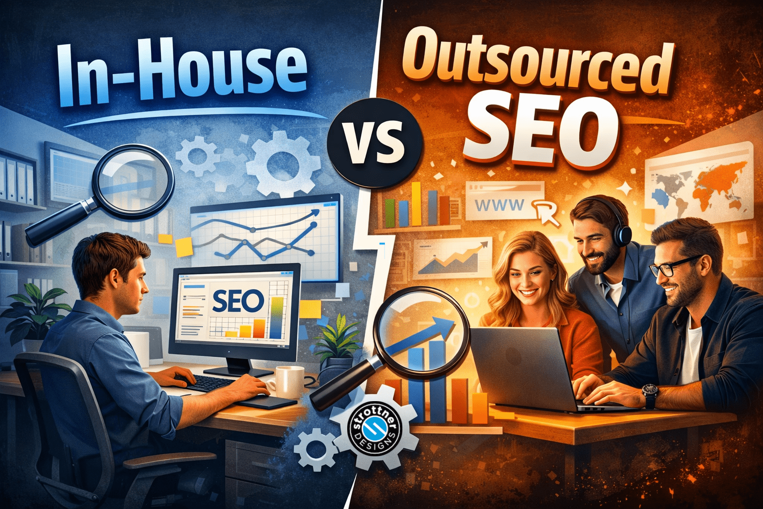 Split-screen illustration comparing in-house SEO versus outsourced SEO. On the left, a single professional works at a desk with a desktop monitor showing SEO charts and graphs, surrounded by gears and a magnifying glass, under the text “In-House” on a blue background. On the right, a small team collaborates around a laptop with rising analytics charts, magnifying glass, and web icons, under the text “Outsourced SEO” on an orange background. A bold “VS” appears in the center dividing the two approaches.