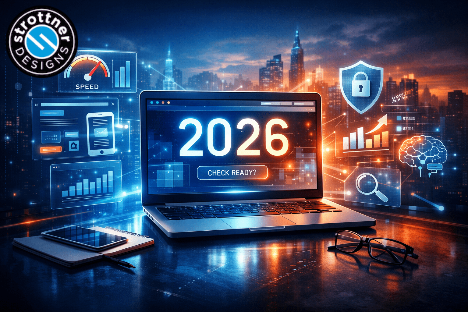 A laptop on a reflective desk displays the large number “2026” with the words “Check Ready?” beneath it. Around the laptop float glowing digital icons showing charts, speed gauges, a security shield with a lock, a brain, and a magnifying glass. A city skyline at dusk fills the background in blue and orange tones, suggesting technology, data, and future planning. On the desk are a smartphone, notebook, pen, and a pair of glasses.