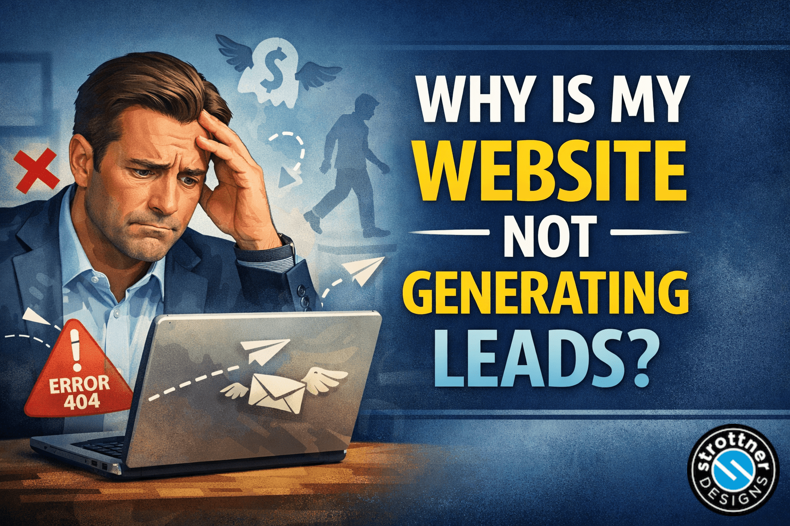 Illustration of a frustrated man in a blue suit holding his head while looking at a laptop on a desk. Error and warning icons, including a red “Error 404” symbol and paper plane/email graphics, surround the laptop. Large text on the right reads, “Why is my website not generating leads?” conveying website performance and lead-generation problems.