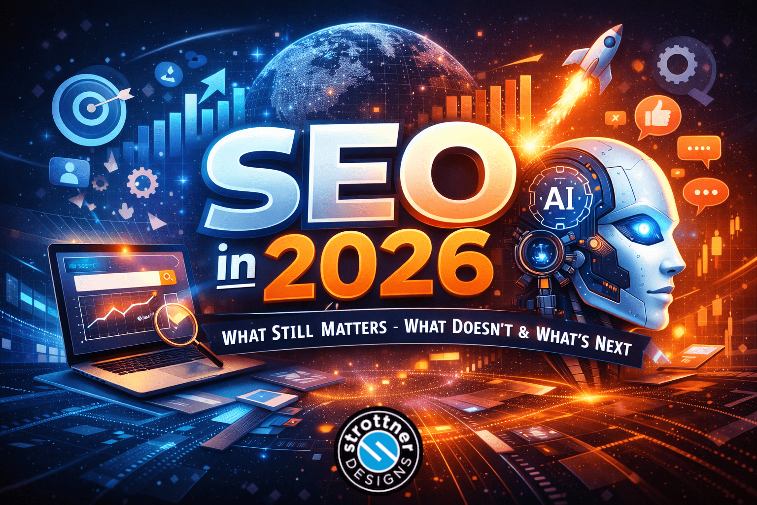 Futuristic illustration titled ‘SEO in 2026.’ Large glowing text ‘SEO in 2026’ appears at the center, with a digital globe behind it. On the right, a humanoid AI robot head with a glowing blue eye faces left, surrounded by icons for search, chat, likes, and automation, and a rocket launching upward. On the left, a laptop displays rising analytics graphs, targets, and upward arrows. Blue tones dominate the left side and orange tones the right, suggesting data growth and AI-driven change. Subtitle reads: ‘What still matters – what doesn’t & what’s next.’ A ‘Strottner Designs’ logo appears at the bottom.