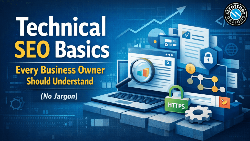 Illustrated banner reading ‘Technical SEO Basics Every Business Owner Should Understand (No Jargon).’ A blue-themed graphic shows a laptop with a magnifying glass over a webpage, charts, documents, a rising arrow, security icons including a lock labeled HTTPS, and interconnected nodes, representing website analysis, performance, and security.