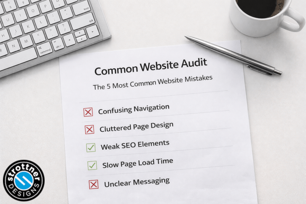 Top-down photograph of a clean white desk featuring a printed checklist titled “The 5 Most Common Website Mistakes,” with several items marked by red Xs and green checkmarks, alongside a keyboard, pen, and coffee cup, symbolizing a website audit and performance review. The Strottner Designs Logo is in the bottom corner