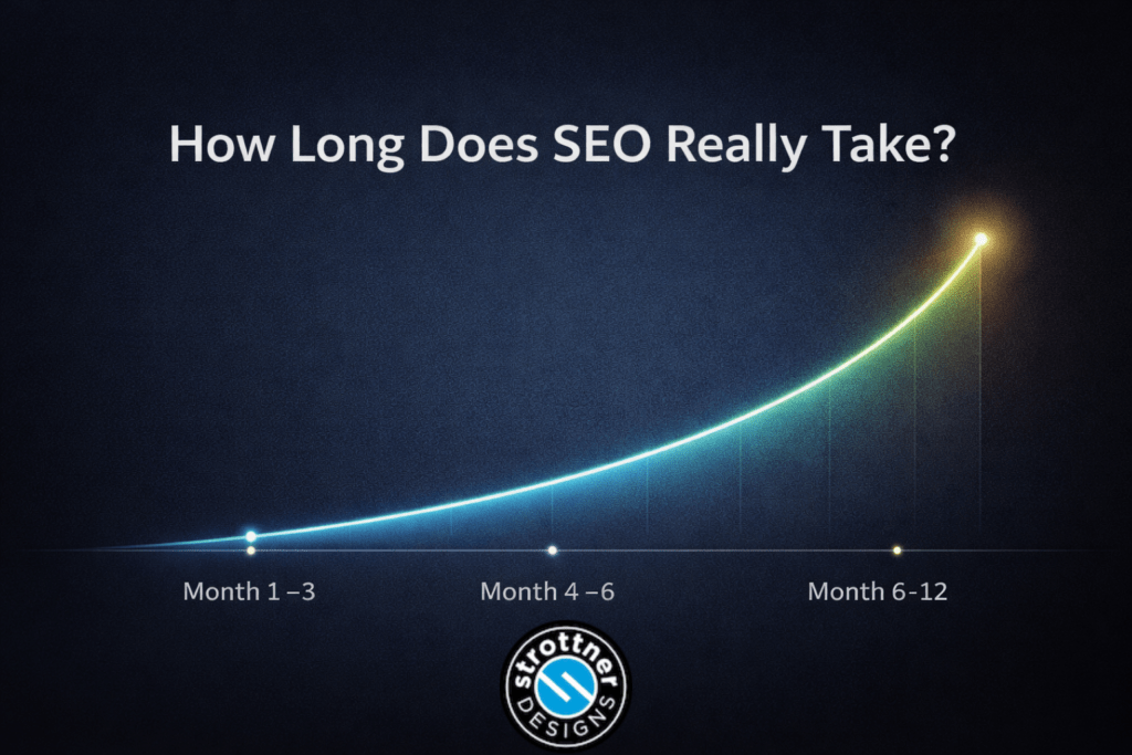 Graphic titled “How Long Does SEO Really Take?” showing a glowing upward-curving line graph on a dark blue background. The line starts low at “Month 1–3,” rises slightly at “Month 4–6,” and increases steeply toward “Month 6–12,” ending in a bright glowing point at the top right. A circular logo reading “Strottner Designs” appears at the bottom center.