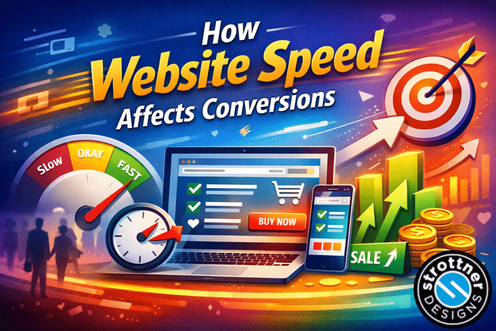 Illustrated graphic titled “How Website Speed Affects Conversions,” showing a speed gauge moving from slow to fast, a laptop and phone with a shopping cart and “Buy Now” button, upward sales charts, a target with an arrow, and coins symbolizing increased revenue.
