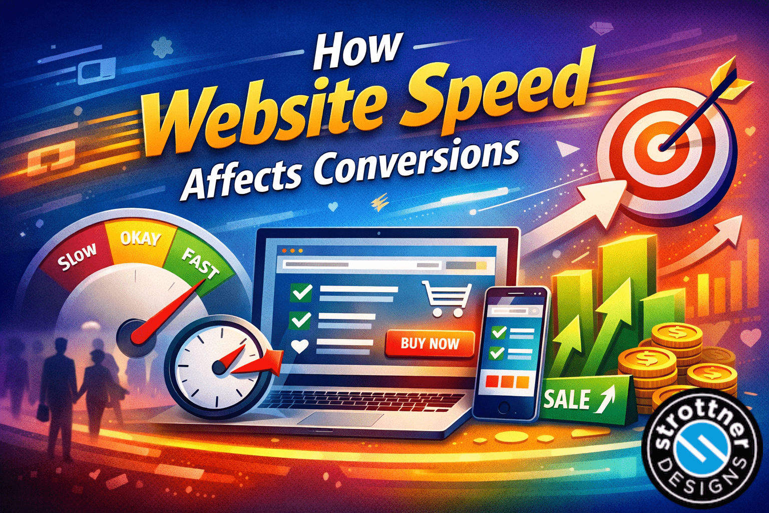 Illustrated graphic titled “How Website Speed Affects Conversions,” showing a speed gauge moving from slow to fast, a laptop and phone with a shopping cart and “Buy Now” button, upward sales charts, a target with an arrow, and coins symbolizing increased revenue.