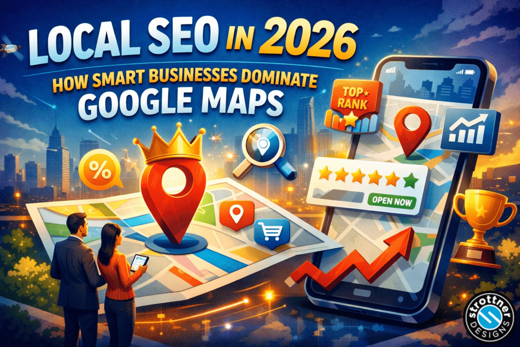 Promotional graphic reading “Local SEO in 2026: How Smart Businesses Dominate Google Maps,” featuring a large red map pin with a gold crown on a folded map, a smartphone displaying a map with a location marker, five-star rating and “Open Now” label, growth chart, “Top Rank” badge, shopping cart icon, percentage symbol, upward red arrow, gold trophy, and two business professionals looking at a tablet against a city skyline background.
