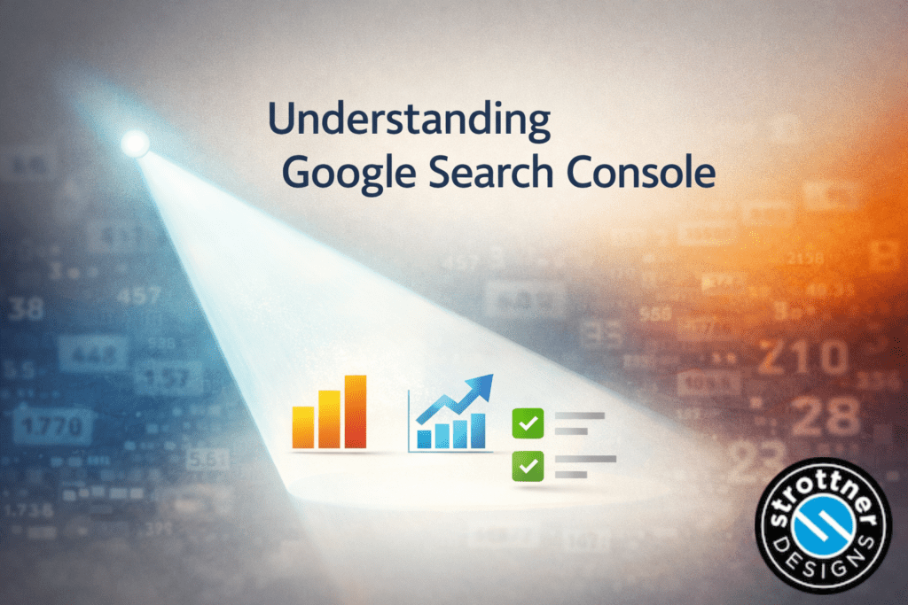 Graphic titled ‘Understanding Google Search Console’ with a spotlight shining across analytics icons, including bar charts, an upward-trending line graph, and green checkmark items, set against a blurred background of numbers and data; a ‘Strottner Designs’ logo appears in the bottom-right corner.