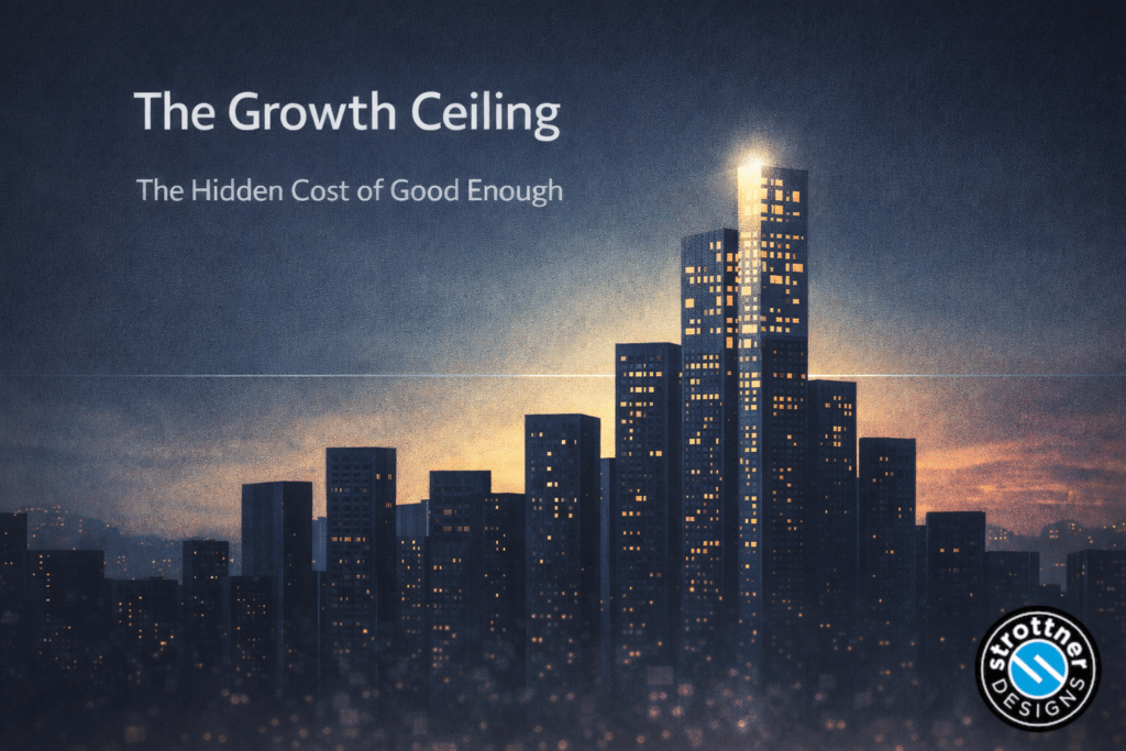 A city skyline at dusk with one illuminated skyscraper breaking through a glass ceiling, symbolizing the hidden cost of a “good enough” website and the potential for business growth.