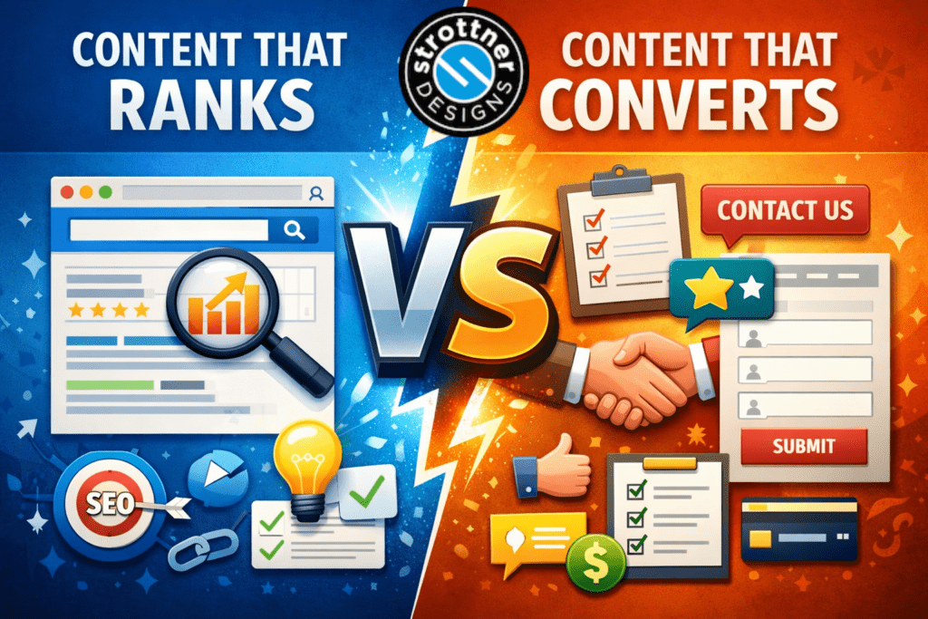 Infographic split down the middle comparing “Content That Ranks” on the left (blue background with SEO icons, search results page, magnifying glass, charts, and keywords) versus “Content That Converts” on the right (orange background with a handshake, checklist, contact form, star rating, and payment icons), with a large “VS” in the center and a design logo at the top.