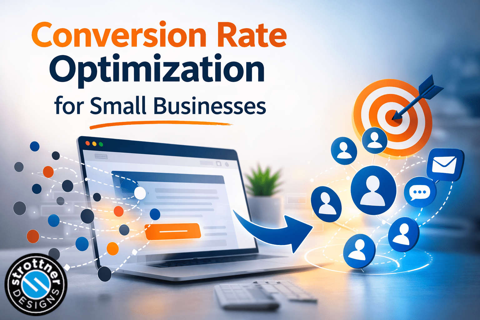 Illustration of website visitors flowing into a business website and converting into qualified leads, representing conversion rate optimization for small businesses.