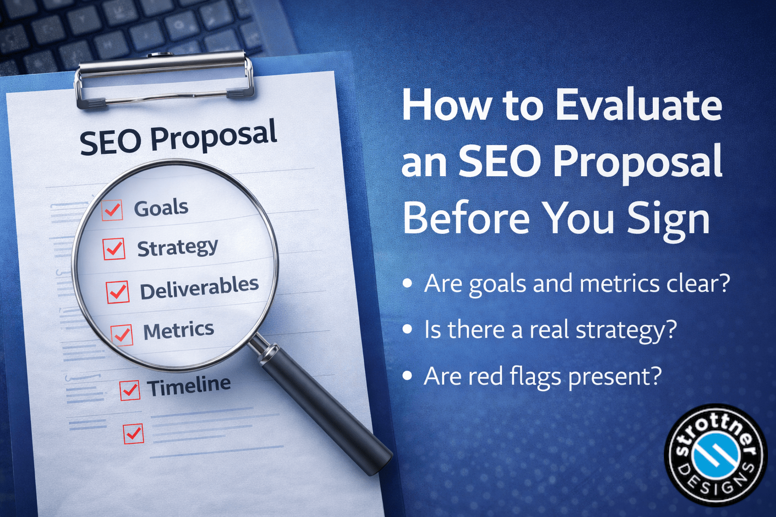 Top-down image of an SEO proposal document under a magnifying glass highlighting key evaluation points like goals, strategy, deliverables, and metrics, with the headline “How to Evaluate an SEO Proposal Before You Sign.”
