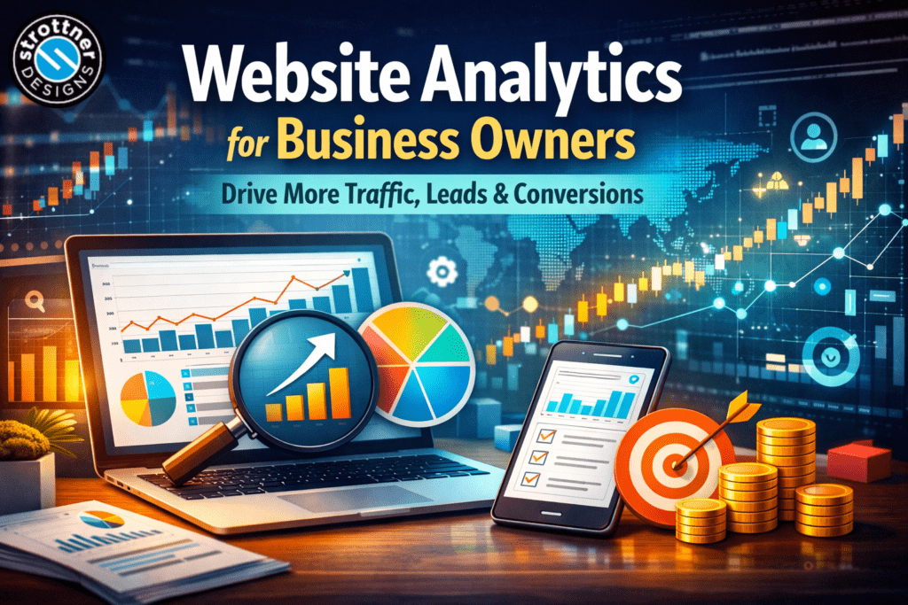 Website analytics graphic showing a laptop with data charts, a phone with a checklist, and symbols like a target and stacked coins, representing business growth, increased traffic, and conversions.