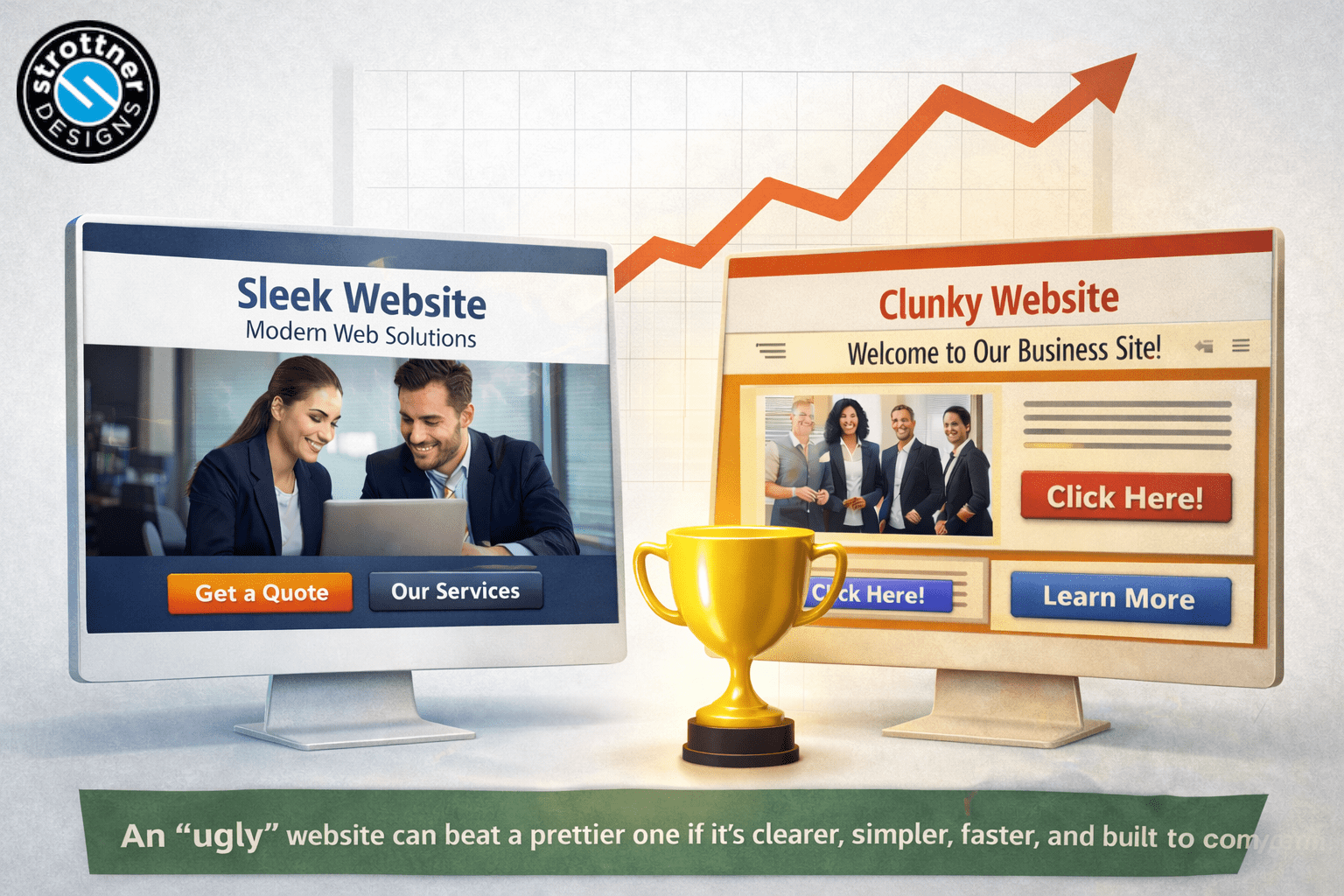 Illustration comparing two computer monitors: one showing a “Sleek Website” with a clean layout and clear buttons, and the other showing a cluttered “Clunky Website” with many elements and “Click Here” buttons. A gold trophy sits between them while an upward arrow graph rises in the background. Caption reads: “An ‘ugly’ website can beat a prettier one if it’s clearer, simpler, faster, and built to convert.”