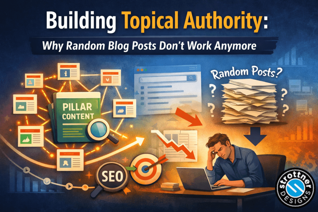 Illustration about SEO strategy showing “Building Topical Authority: Why Random Blog Posts Don’t Work Anymore.” On the left, a network of interconnected content pieces surrounds a central “pillar content” book with a magnifying glass, symbolizing structured content strategy. In the center, a search engine results page and SEO target icon appear with arrows indicating growth. On the right, a messy stack of papers labeled “Random Posts?” sits above a downward arrow, next to a frustrated person working on a laptop, representing poor performance from unfocused blogging.