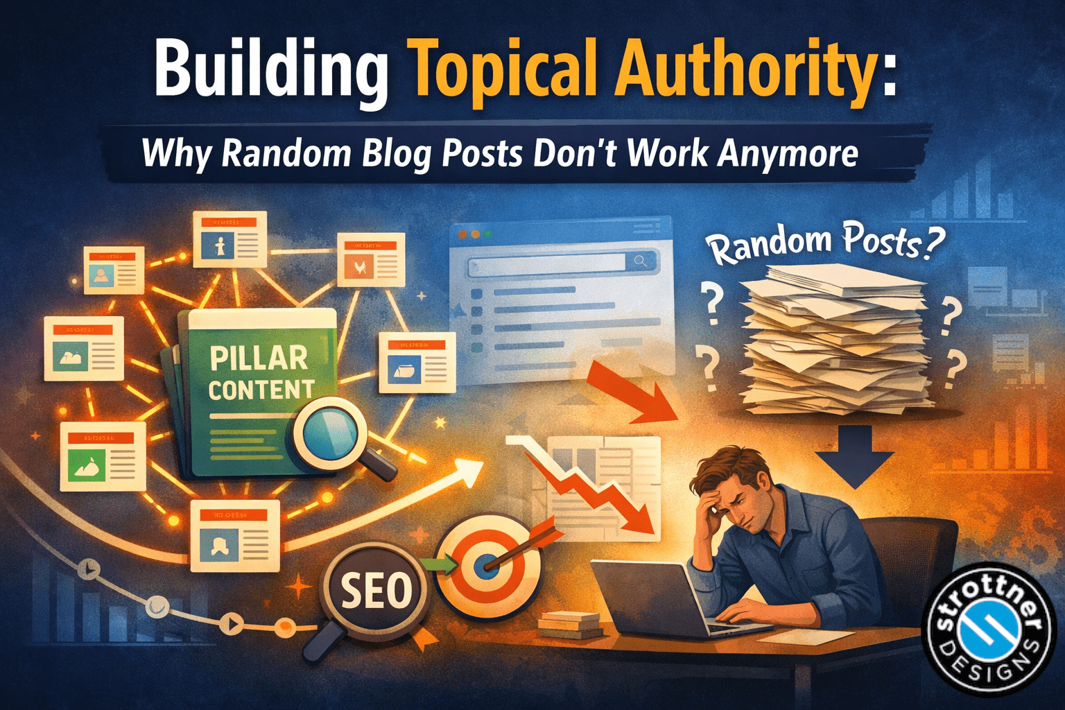 Illustration about SEO strategy showing “Building Topical Authority: Why Random Blog Posts Don’t Work Anymore.” On the left, a network of interconnected content pieces surrounds a central “pillar content” book with a magnifying glass, symbolizing structured content strategy. In the center, a search engine results page and SEO target icon appear with arrows indicating growth. On the right, a messy stack of papers labeled “Random Posts?” sits above a downward arrow, next to a frustrated person working on a laptop, representing poor performance from unfocused blogging.