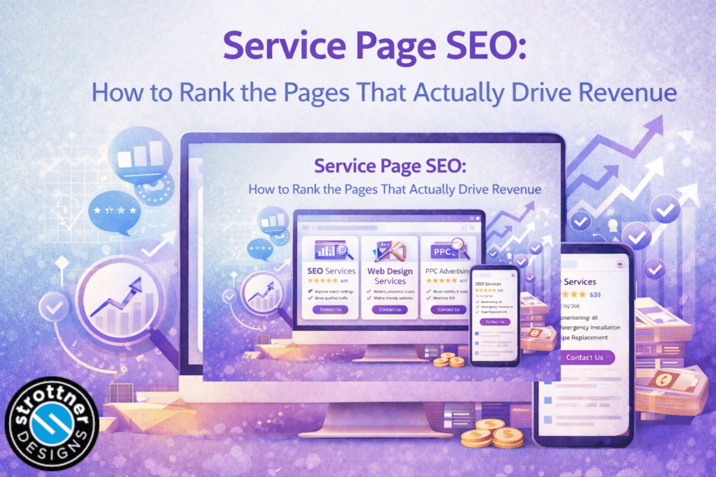 A purple-themed digital illustration promoting “Service Page SEO: How to Rank the Pages That Actually Drive Revenue.” The image shows a desktop monitor and a smartphone displaying service offerings such as SEO services, web design, and PPC advertising, each with ratings and “Contact Us” buttons. Surrounding the devices are visual elements like upward-trending graphs, checkmarks, chat bubbles, and stacks of money, symbolizing growth, positive performance, and revenue. A “Strottner Designs” logo appears in the bottom left corner.