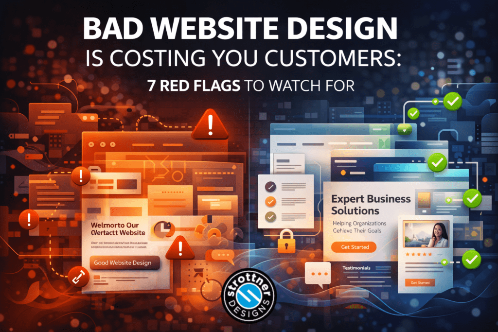 A split-style illustration contrasting poor and effective website design under the heading “Bad Website Design Is Costing You Customers: 7 Red Flags to Watch For.” The left side uses red and orange tones to show cluttered, confusing web pages with warning icons and error symbols. The right side uses blue tones to display clean, organized website layouts with checkmarks, clear sections, and a call-to-action. Elements include interface cards, charts, locks, and testimonials, symbolizing usability, trust, and performance. A “Strottner Designs” logo appears at the bottom center.