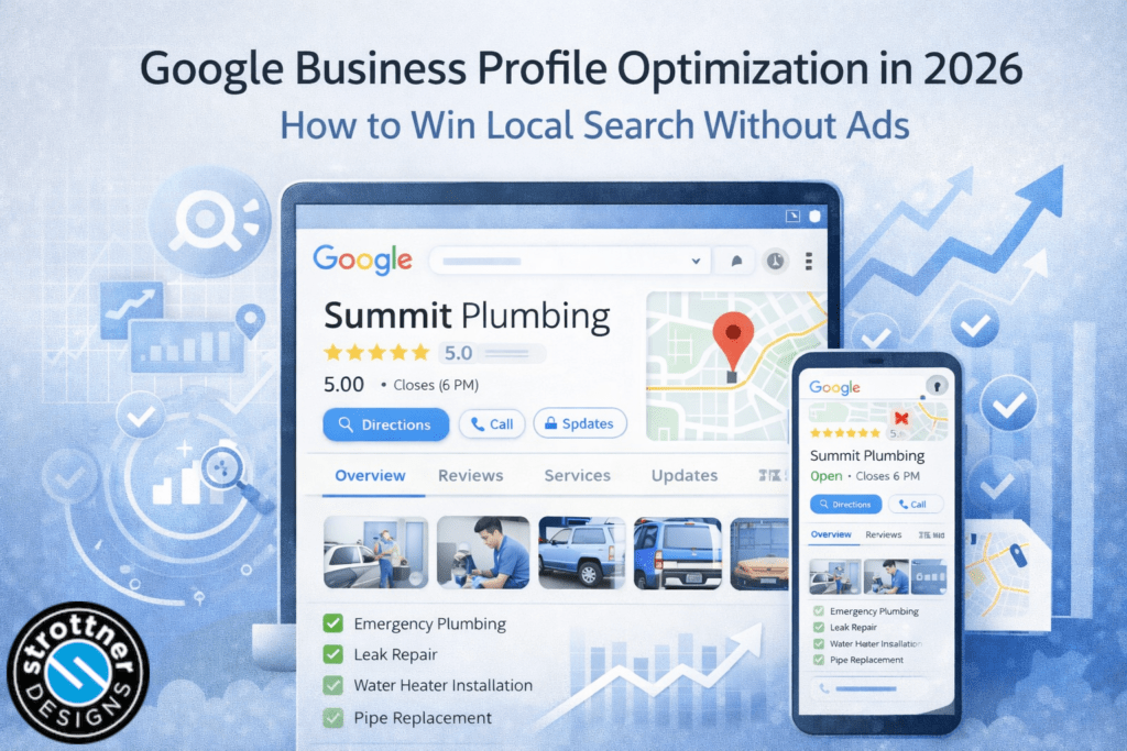 This image is a promotional graphic about optimizing a Google Business Profile for local search in 2026. It features a large heading at the top and a central mockup of a Google business listing for “Summit Plumbing,” showing a 5-star rating, business details, service listings, and navigation buttons like directions and call. A smartphone version of the same listing appears on the right side. The background includes light blue tones with icons such as graphs, checkmarks, and upward-trending arrows, suggesting growth and improved visibility. A logo for “Strottner Designs” is placed in the lower left corner.