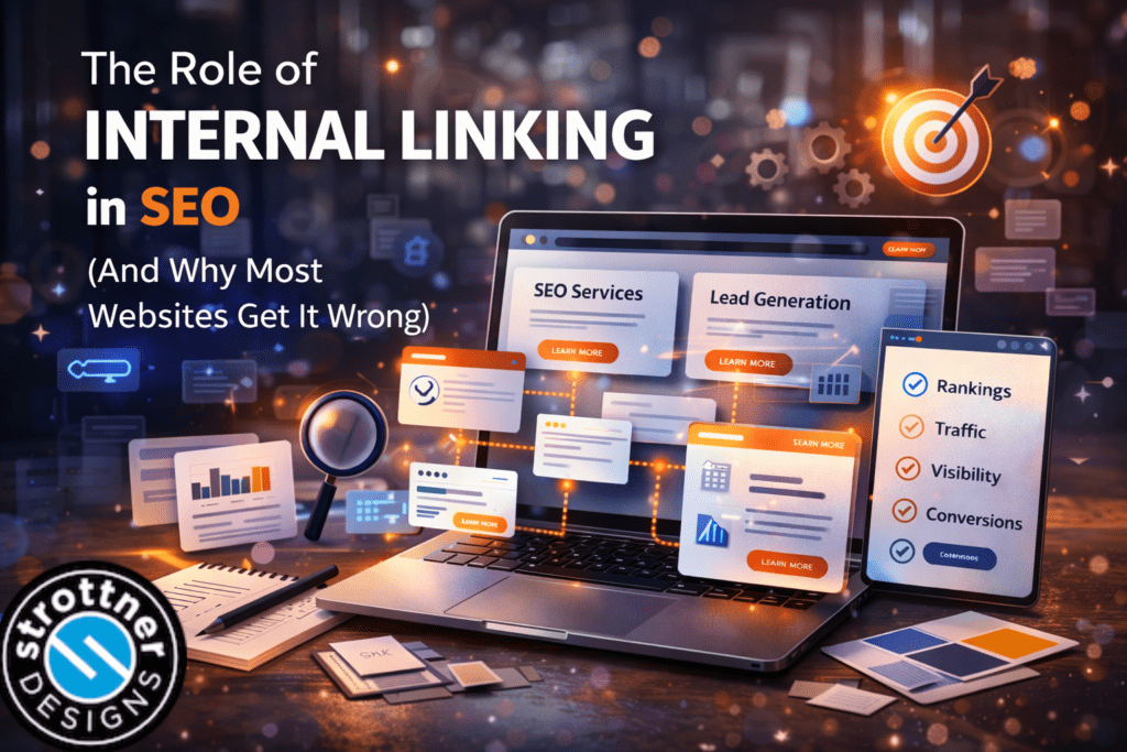 A dark, tech-themed illustration titled “The Role of Internal Linking in SEO (And Why Most Websites Get It Wrong).” The image shows a laptop displaying SEO services and lead generation pages connected by glowing lines, representing internal links between web pages. Surrounding the laptop are floating interface cards, charts, and icons, along with a magnifying glass and a target symbol with an arrow hitting the center. A tablet screen lists benefits such as rankings, traffic, visibility, and conversions. Additional elements include a notebook, color swatches, and design tools on a desk, with a “Strottner Designs” logo in the bottom left corner.