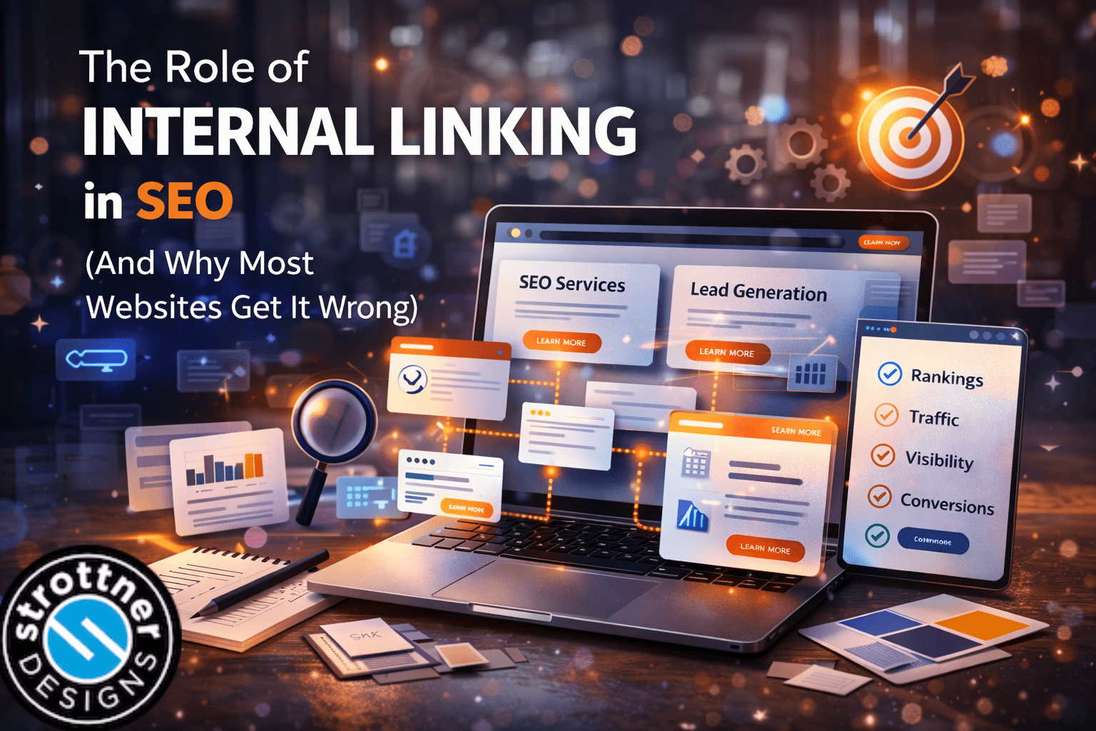 A dark, tech-themed illustration titled “The Role of Internal Linking in SEO (And Why Most Websites Get It Wrong).” The image shows a laptop displaying SEO services and lead generation pages connected by glowing lines, representing internal links between web pages. Surrounding the laptop are floating interface cards, charts, and icons, along with a magnifying glass and a target symbol with an arrow hitting the center. A tablet screen lists benefits such as rankings, traffic, visibility, and conversions. Additional elements include a notebook, color swatches, and design tools on a desk, with a “Strottner Designs” logo in the bottom left corner.