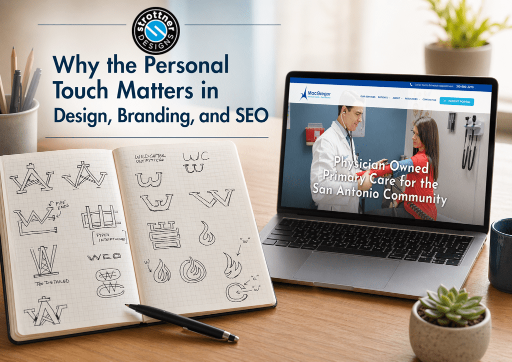 Workspace scene featuring hand-drawn logo sketches in an open notebook beside a laptop displaying a Strottner-designed website, with the title “Why the Personal Touch Matters in Design, Branding, and SEO” and the Strottner Designs logo above.