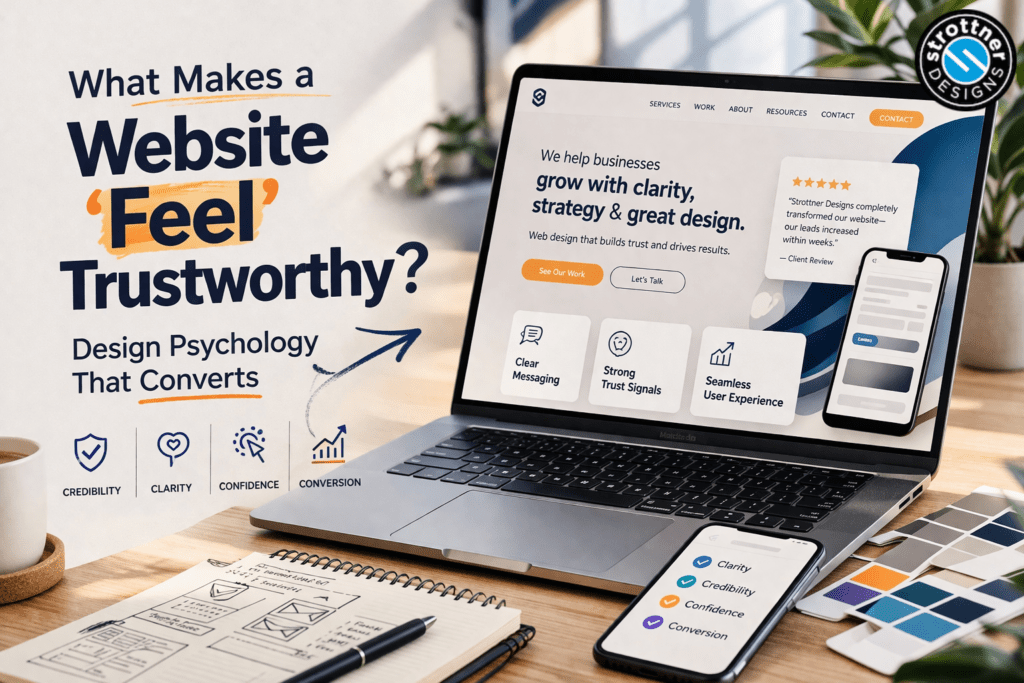 A clean, modern workspace scene featuring a laptop and smartphone displaying a website design focused on trust and conversion. Large text on the left reads “What Makes a Website ‘Feel’ Trustworthy? Design Psychology That Converts.” The laptop screen shows a business website with messaging about clarity, strategy, and design, along with icons for clear messaging, strong trust signals, and seamless user experience. A smartphone beside it highlights key elements like clarity, credibility, confidence, and conversion. Surrounding items include a notebook with wireframe sketches, a pen, color swatches, and a coffee cup, suggesting the web design process. A “Strottner Designs” logo appears in the top right corner.