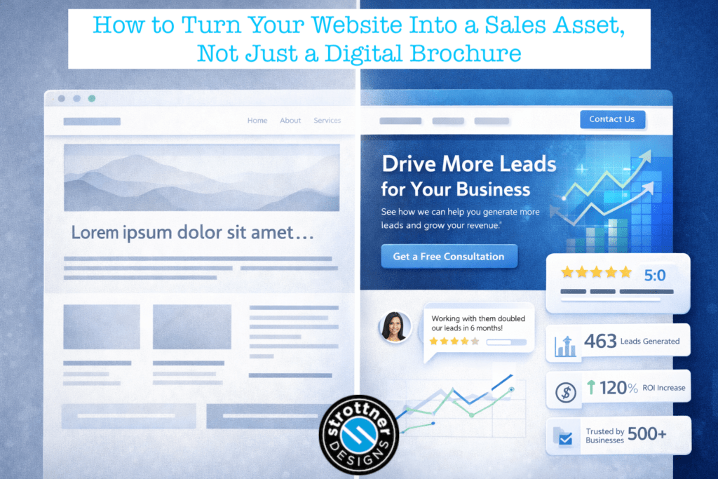 This image shows a side-by-side comparison of two website styles, highlighting the difference between a basic, text-heavy “digital brochure” and a modern, sales-focused website. The left side appears dull and minimal with placeholder content, while the right side is visually engaging with bold colors, a clear headline, a call-to-action button, customer testimonials, star ratings, and performance metrics like leads generated and ROI increase. Overall, it emphasizes how a well-designed website can actively drive business growth rather than simply present information.