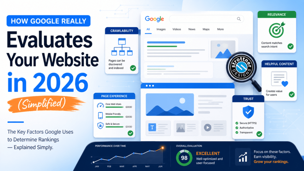 Infographic titled “How Google Really Evaluates Your Website in 2026 (Simplified).” It shows a stylized Google search results page in the center with surrounding panels highlighting ranking factors: “Crawlability” (pages can be discovered and indexed), “Page Experience” (Core Web Vitals, mobile friendly, secure), “Relevance” (content matches search intent), “Helpful Content” (creates value for users), and “Trust” (secure, authoritative, transparent). A performance graph trends upward over months, and an overall evaluation score of 98 is labeled “Excellent.” The design uses blue and green tones with icons, checkmarks, and a magnifying glass emphasizing analysis.