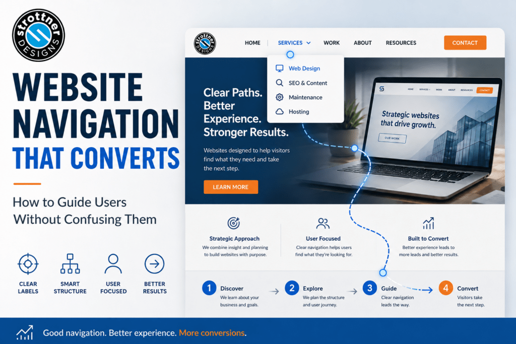 Featured blog image for “Website Navigation That Converts” showing a clean website interface with a clear top navigation menu, open services dropdown, highlighted user pathway, and structured page layout designed to guide visitors smoothly toward the next step, with the Strottner Designs round logo in the upper left.