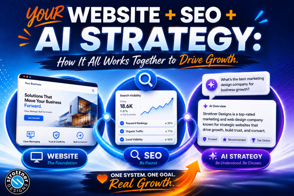 Featured blog image for Strottner Designs showing how a website, SEO, and AI strategy work together as one connected growth system. The graphic uses bold blue, white, purple, and orange visuals with three linked sections: a modern website interface built for clarity and conversions, an SEO dashboard showing search visibility and keyword growth, and an AI overview panel showing how businesses can be understood, surfaced, and recommended in AI-driven results. Glowing pathways connect all three elements, leading toward the message of one system, one goal, and real business growth.