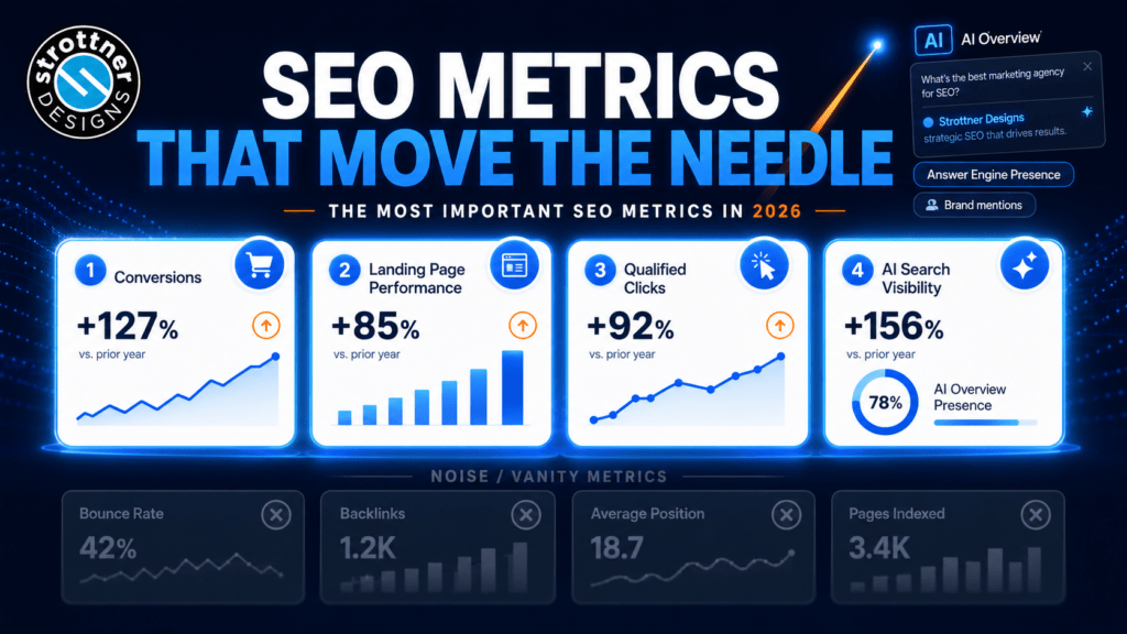 Featured image for a Strottner Designs blog post titled “SEO Metrics That Move the Needle,” showing four highlighted SEO metric cards for conversions, landing page performance, qualified clicks, and AI search visibility, with faded vanity metrics like bounce rate, backlinks, average position, and pages indexed below.