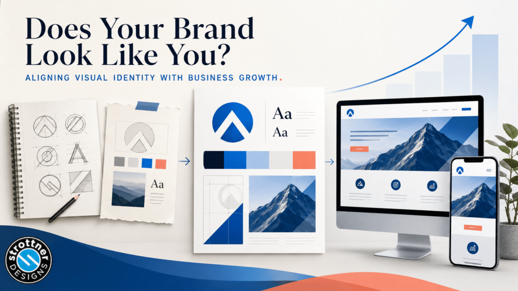Featured blog image for “Does Your Brand Look Like You?” showing a visual progression from early logo sketches and rough brand exploration to a refined visual identity board and a polished website displayed on desktop and mobile, with an upward growth arrow and the Strottner Designs round logo in the lower left.