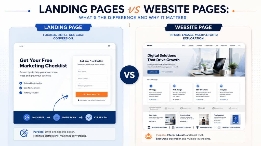 Split-screen comparison graphic showing a focused landing page with one offer, simple form, and clear call to action beside a broader website page with navigation, content sections, and multiple user paths. focus is on landing pages vs website pages