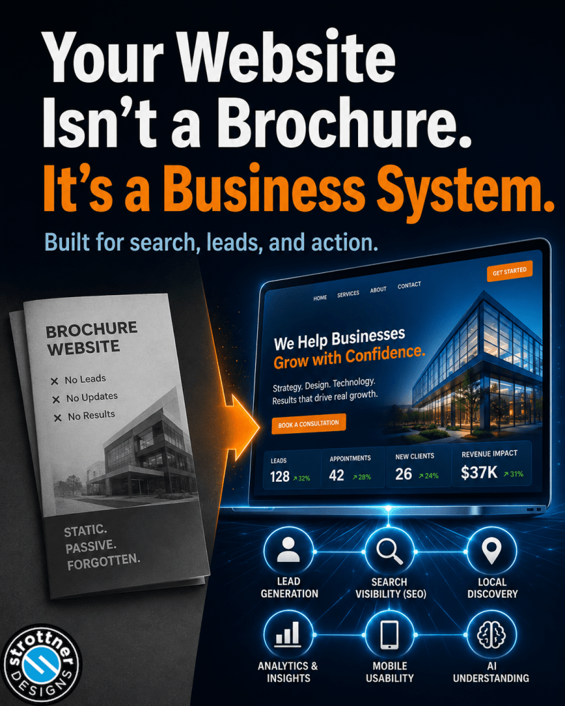 A bold social media graphic contrasting a static brochure-style website with a modern, connected business website designed to generate leads, improve search visibility, support local discovery, provide analytics, work well on mobile, and help AI understand the business.